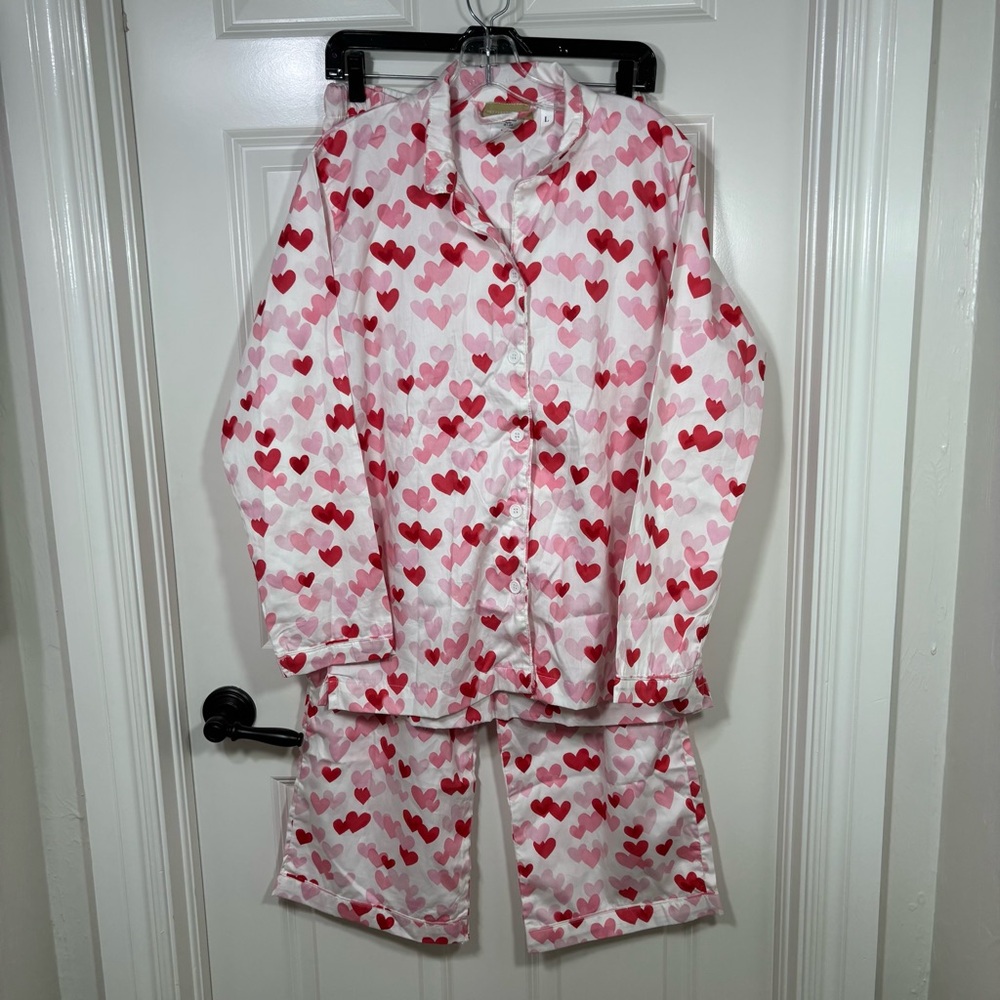 Pottery Barn Teen 2 Piece Heart Sateen Cotton Pajama Set L Elastic Waist